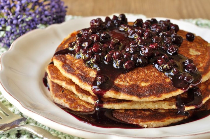 Almond-Spelt Pancakes with Wild Blueberry Sauce